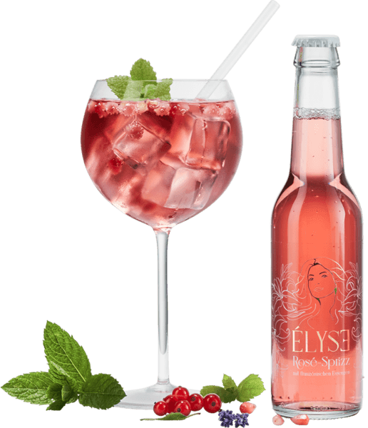 Élyse Rosé-Sprizz (Rosé-Spritzer/Rosé-pétillant)-bouteille et verre avec déco menthe et grenade